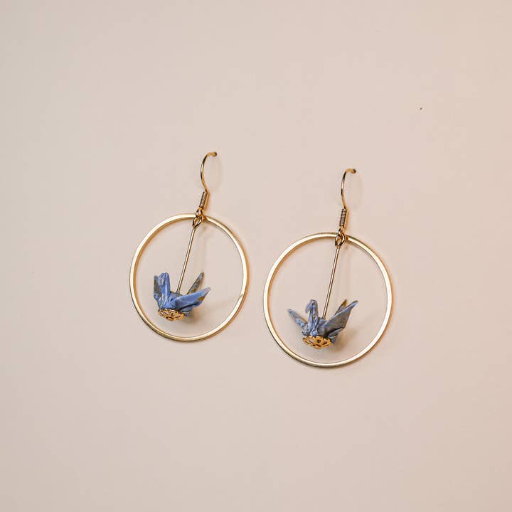 Kamyi.Art Origami Designs - Wholesale Dangle Earrings - Small Crane and Hoop Earrings in Gold1