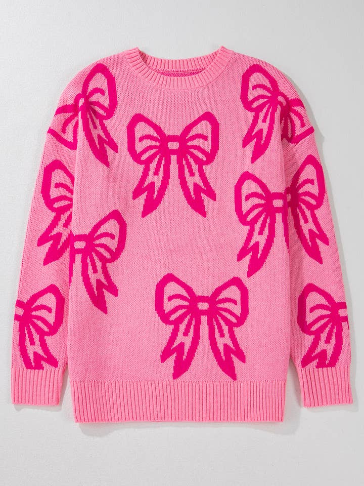 As shown Pink Valentine Bowknot Graphic Knit Sweater | S-XL for wholesale on Faire