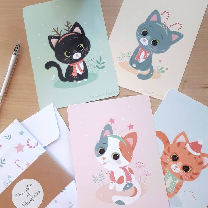 CARD - SET OF 4 - LITTLE CHRISTMAS CATS for wholesale by Poussin et Poupette
