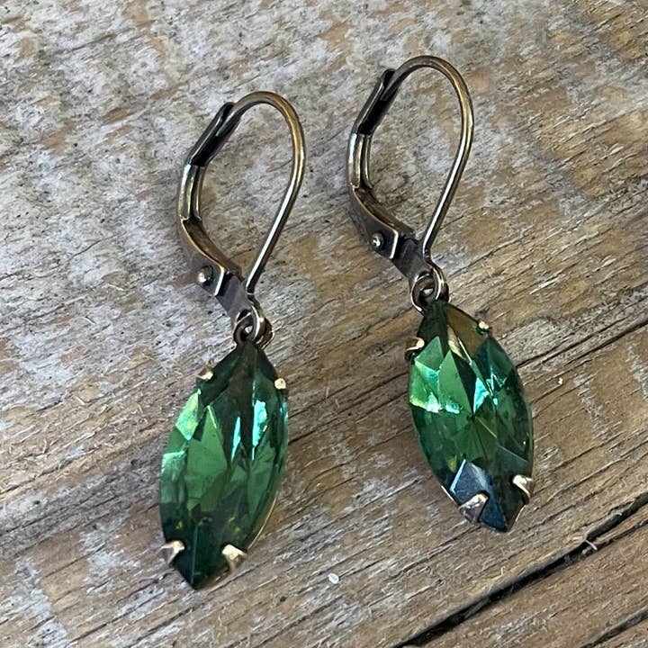 Christine Stoll | Altered Relics - Wholesale Dangle Earrings - Turmaline Green Vintage Rhinestone Earrings