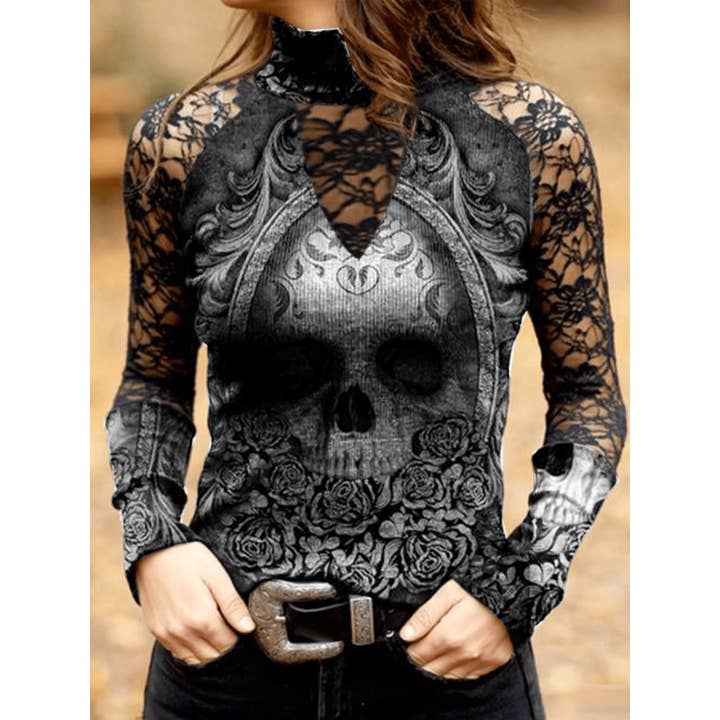 Punk Skull Top mit Spitzeneinsatz für den Großhandel von Tourtiwi