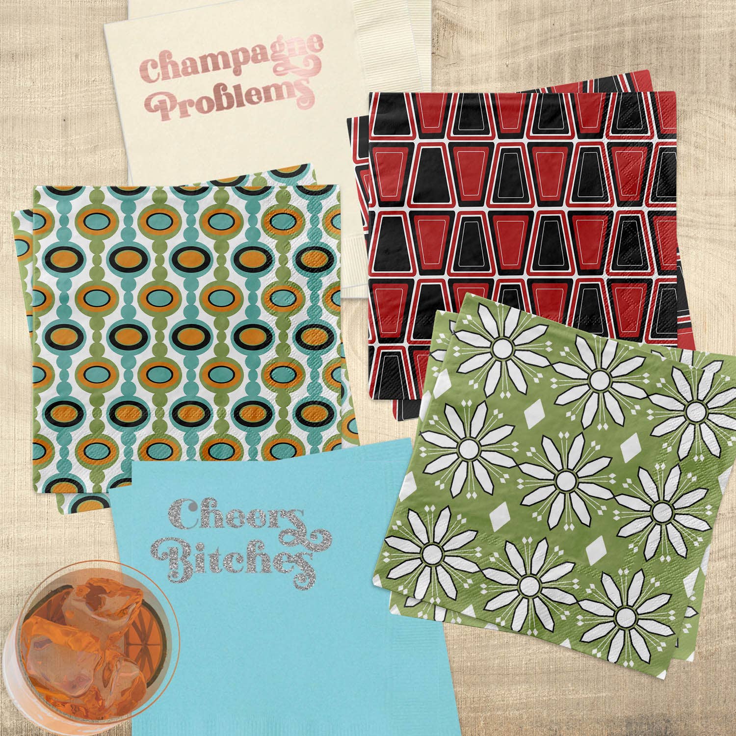 Mod Lounge Paper Company - Wholesale Disposable Napkin - Oval Links Mid Century Modern Geometric Cocktail Napkin1