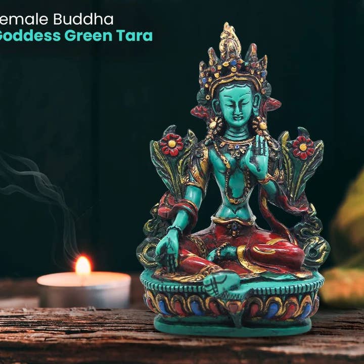 Lungta Imports - Venta al por mayor Escultura - Gran estatua de resina de Tara Verde, diosa madre budista tibetana6