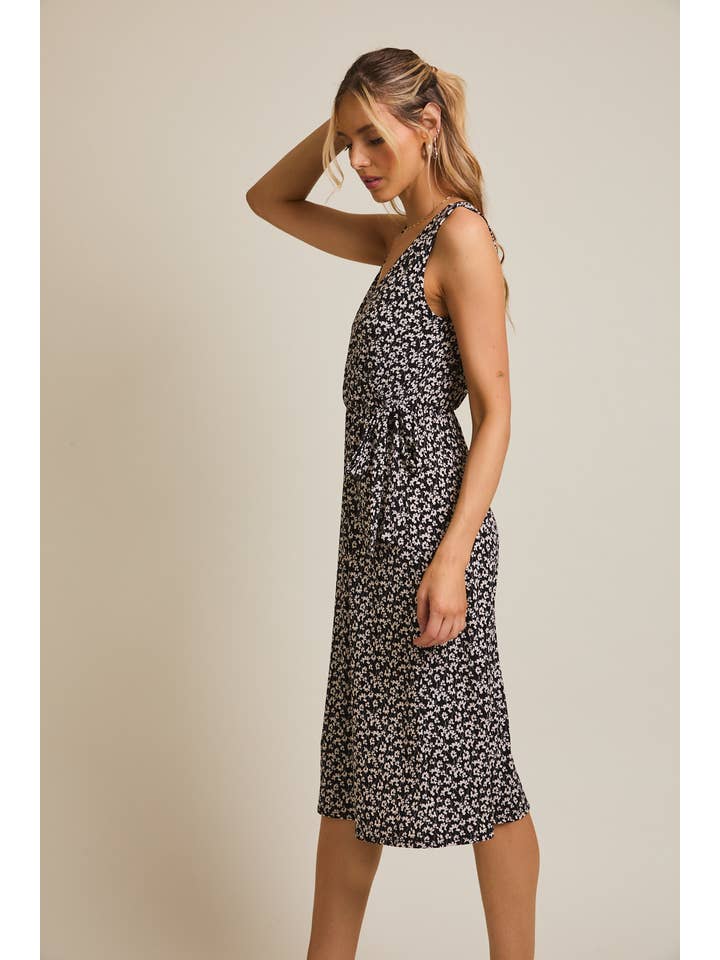 BLACK IVORY SLEEVELESS FAUX WRAP SIDE TIE MIDI DRESS for wholesale on Faire
