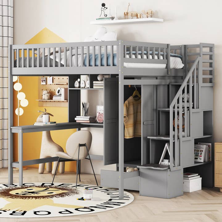 Gray Full size Loft Bed with Bookshelf, Drawers, Desk for wholesale on Faire