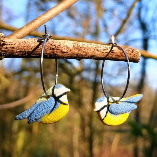 Blue Tit British Bird Hypoallergenic Polymer Clay Hoops for wholesale by Green Grove Designs