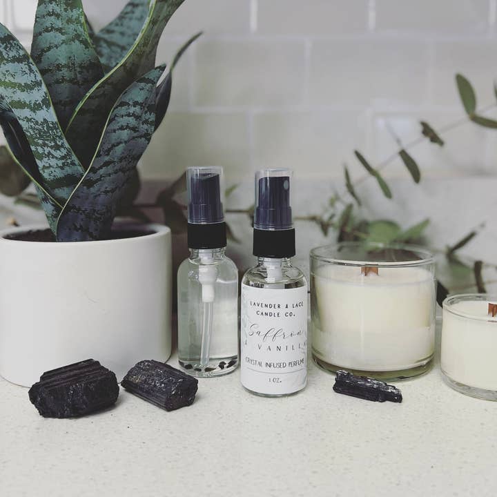 Saffron & Vanilla Crystal Infused Luxe Perfume for wholesale by Lavender & Lace Candle Co
