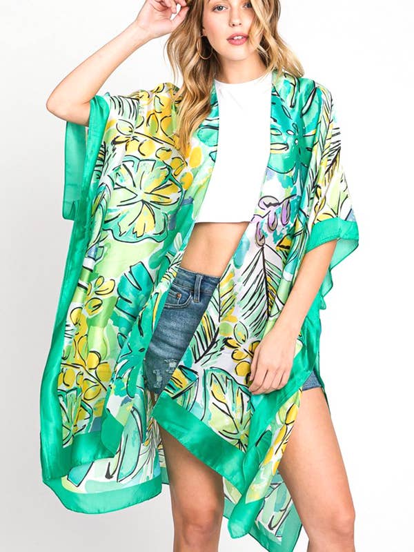Tropical Leaf Print Silky Kimono Cover UP for wholesale by Artini Accessories