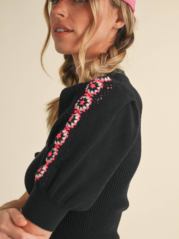 &MERCI - Wholesale Knit Top - Women's - HAND-MADE CROCHET PUFF SLEEVE SWEATER MSW1056723