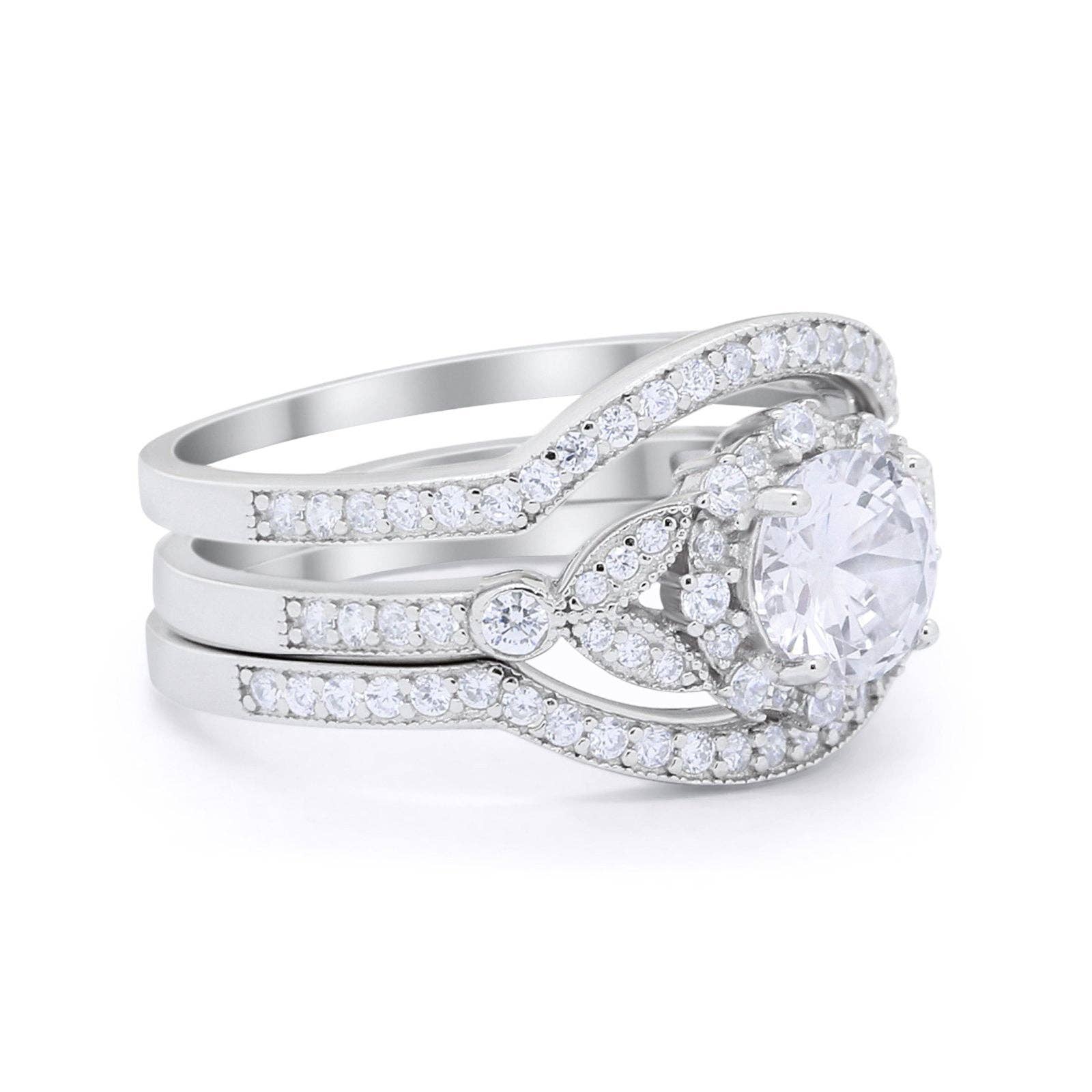 3 Piece Wedding Ring Band Bridal Set Round Simulated CZ for wholesale on Faire1