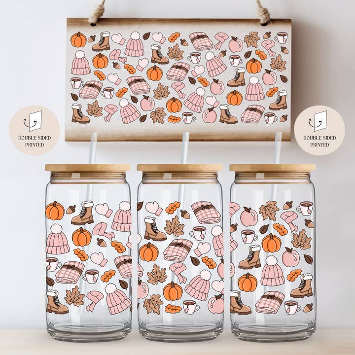 the cute cloud - Wholesale Drinking Glass/Cup - Cozy Autumn Vibes Glass Tumbler Double Sided + Lid & Straw2