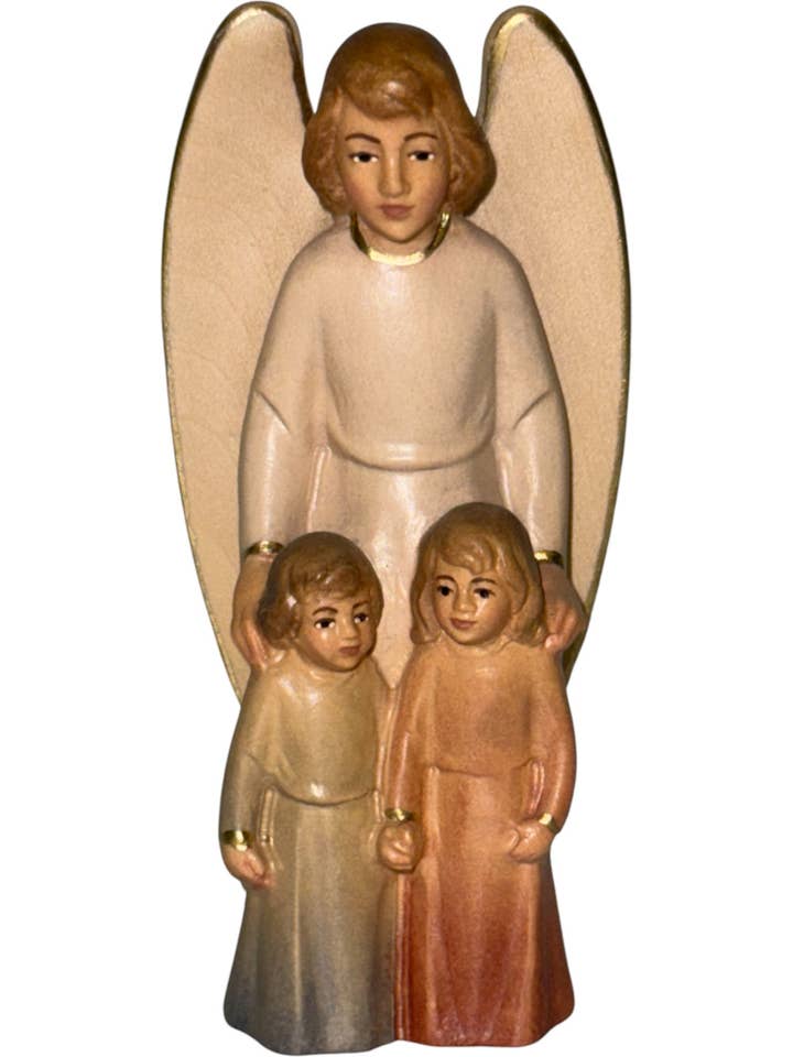 Schutzengel mit Kindern: Holzskulptur aus Ahornholz aus dem Grödnertal für den Großhandel von Dolfi