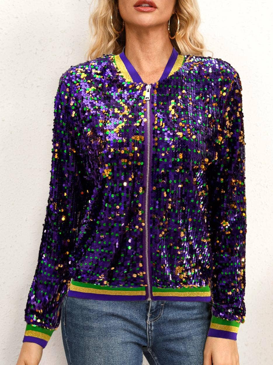 Purple Striped trim party sequins bomber jacket for wholesale on Faire6