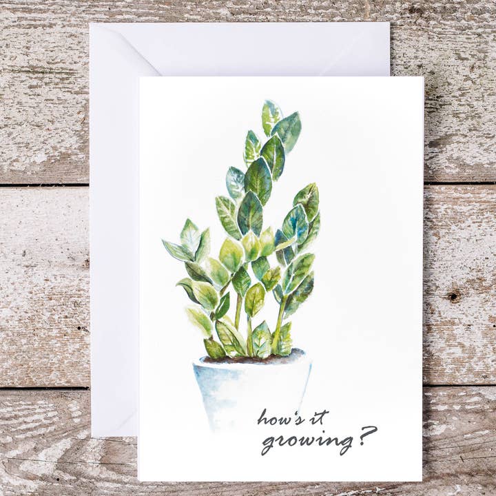 "How's it growing?" House Plant card for plant parent for wholesale by Art Reflects Light