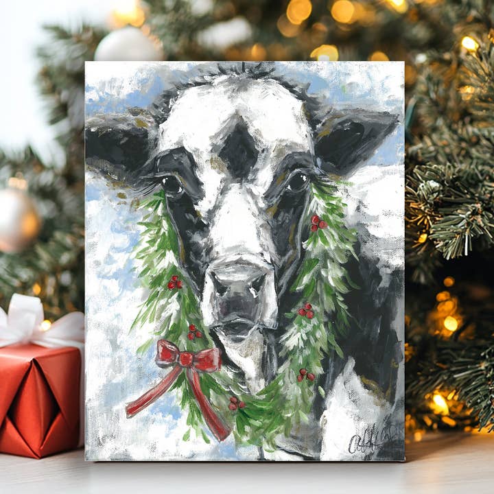 Décor de vache Holstein de Noël, impression d'art originale de la ferme pour la vente par Rustic Nester