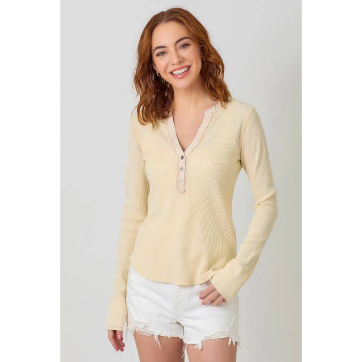 Washed Thermal Henley Top with V Neck and Button Trim for wholesale by Apolline