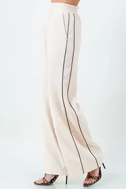 CONTRAST PIPING DETAILED STRAIGHT LEG TROUSERS - BEIGE for wholesale on Faire1
