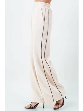 CONTRAST PIPING DETAILED STRAIGHT LEG TROUSERS - BEIGE for wholesale on Faire1