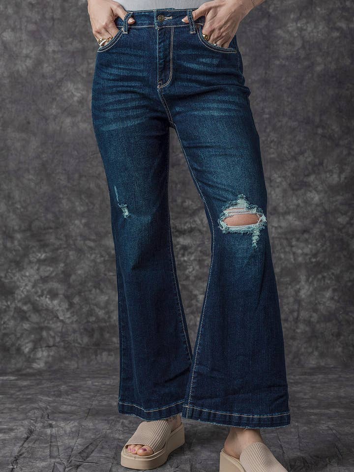 Real Teal Khloe High Rise Ripped Bell Bottom Jeans for wholesale on Faire