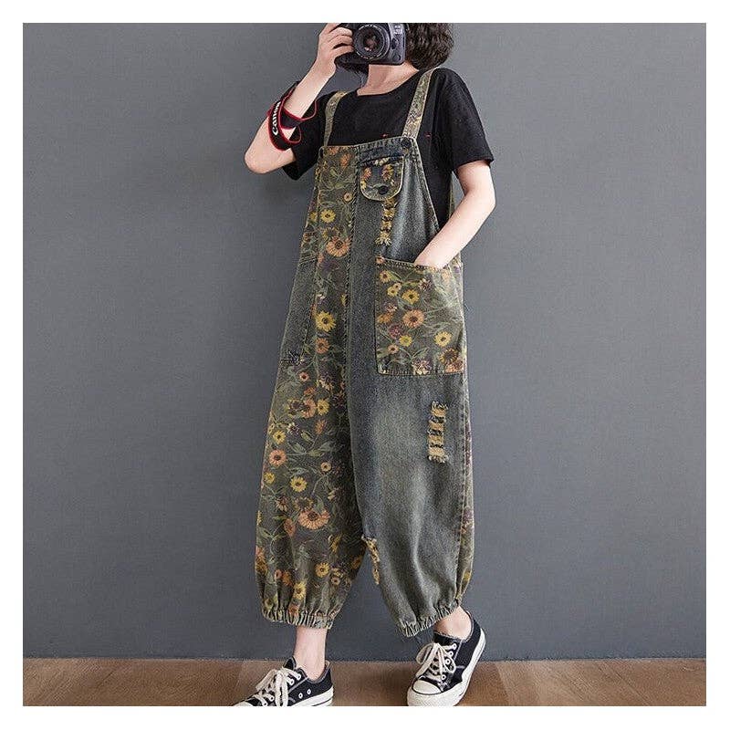 BLEU Salopette en denim imprimé - élégante et confortable en vente sur Faire2