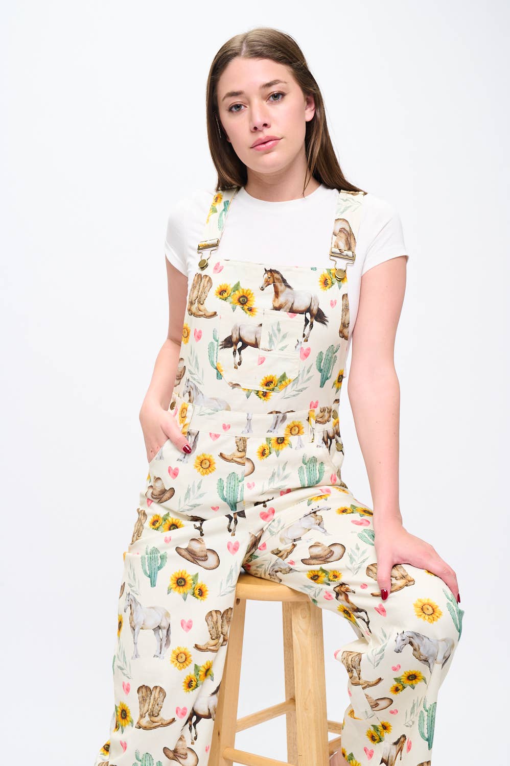 SM WARDROBE - Wholesale Overalls - Women's - WILD WEST COWBOY FLORAL PRINT OVERALLS