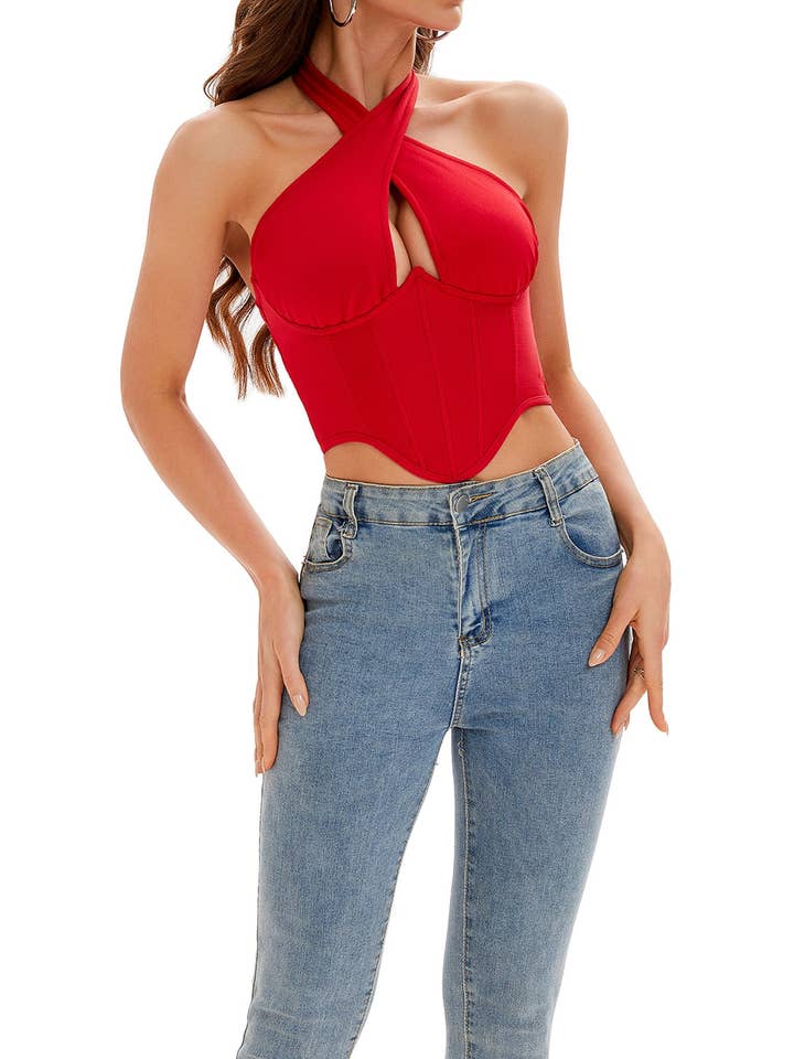 Rojo Top corto corsé con cuello halter en forma de X Tessa Stylish de venta al por mayor en Faire2