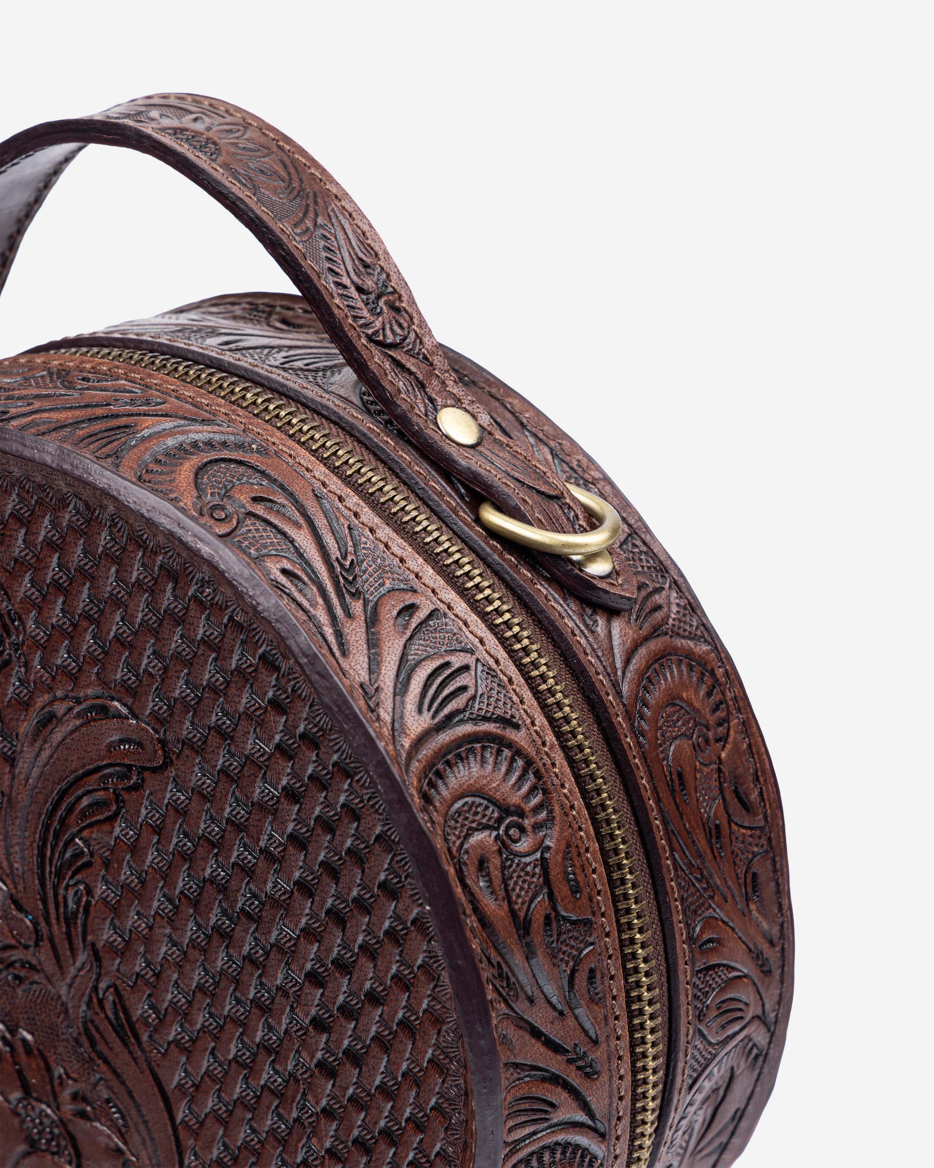 House of Kraft Jewelry & Accessories - Wholesale Top Handle Bag - Women's - Woven Petals Design | Brown Leather Bag | Round Bag7