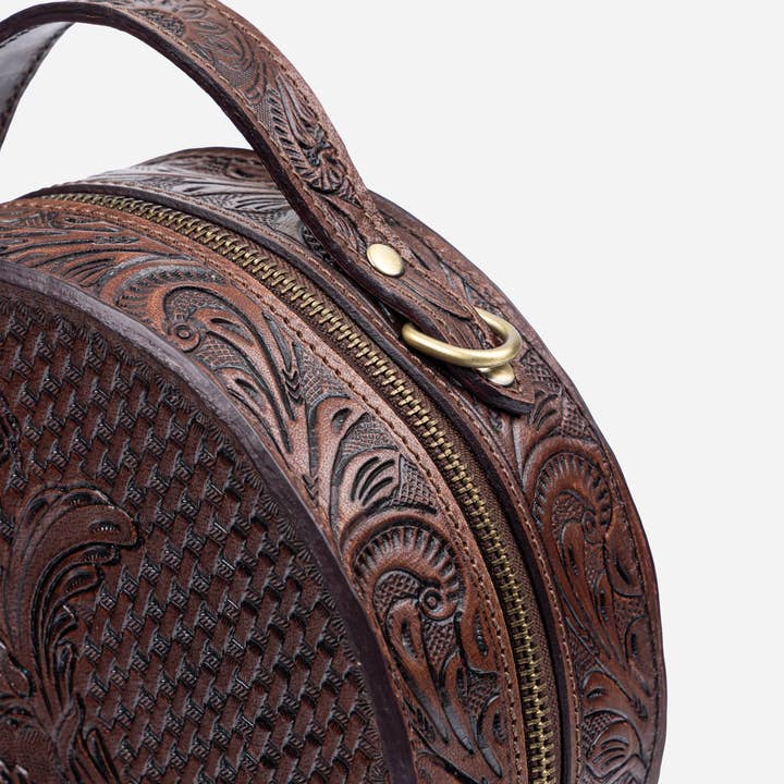 House of Kraft Jewelry & Accessories - Wholesale Top Handle Bag - Women's - Woven Petals Design | Brown Leather Bag | Round Bag7