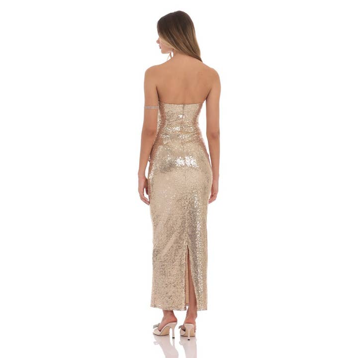 Lucy In The Sky - Wholesale Dress - Women's - Sequin Bow Cutout Maxi Dress in Gold