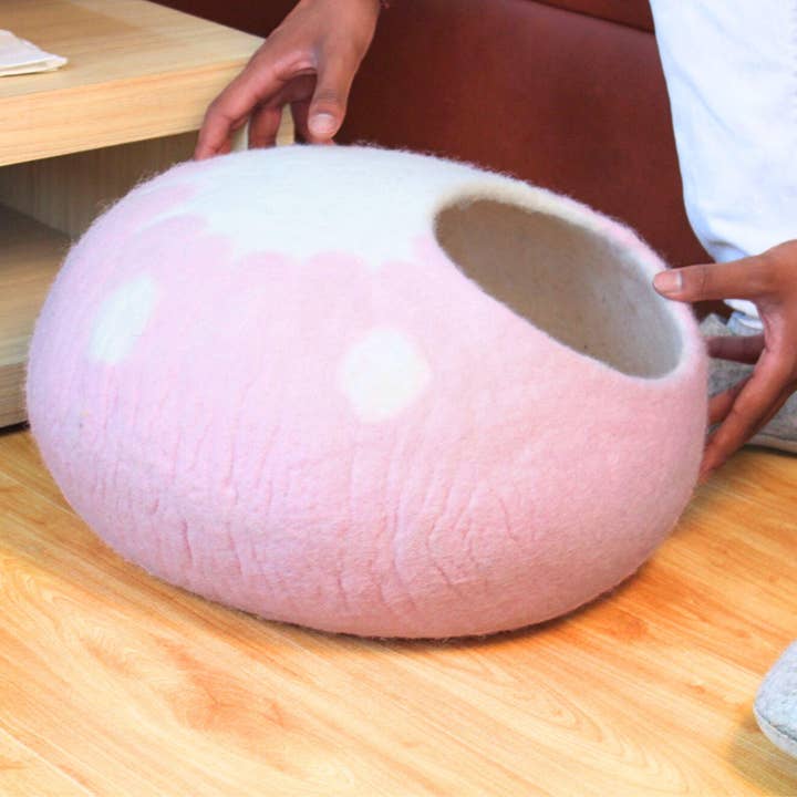 Blush Pink Wool Felt Cat Cave: Eco-Friendly Cat Bed for wholesale by Woollyfelt