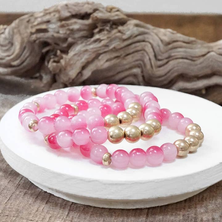 PennyLine inc - Wholesale Beaded Bracelet - Worn gold tone and glass beads bracelets stack Hot Pink Blue Green