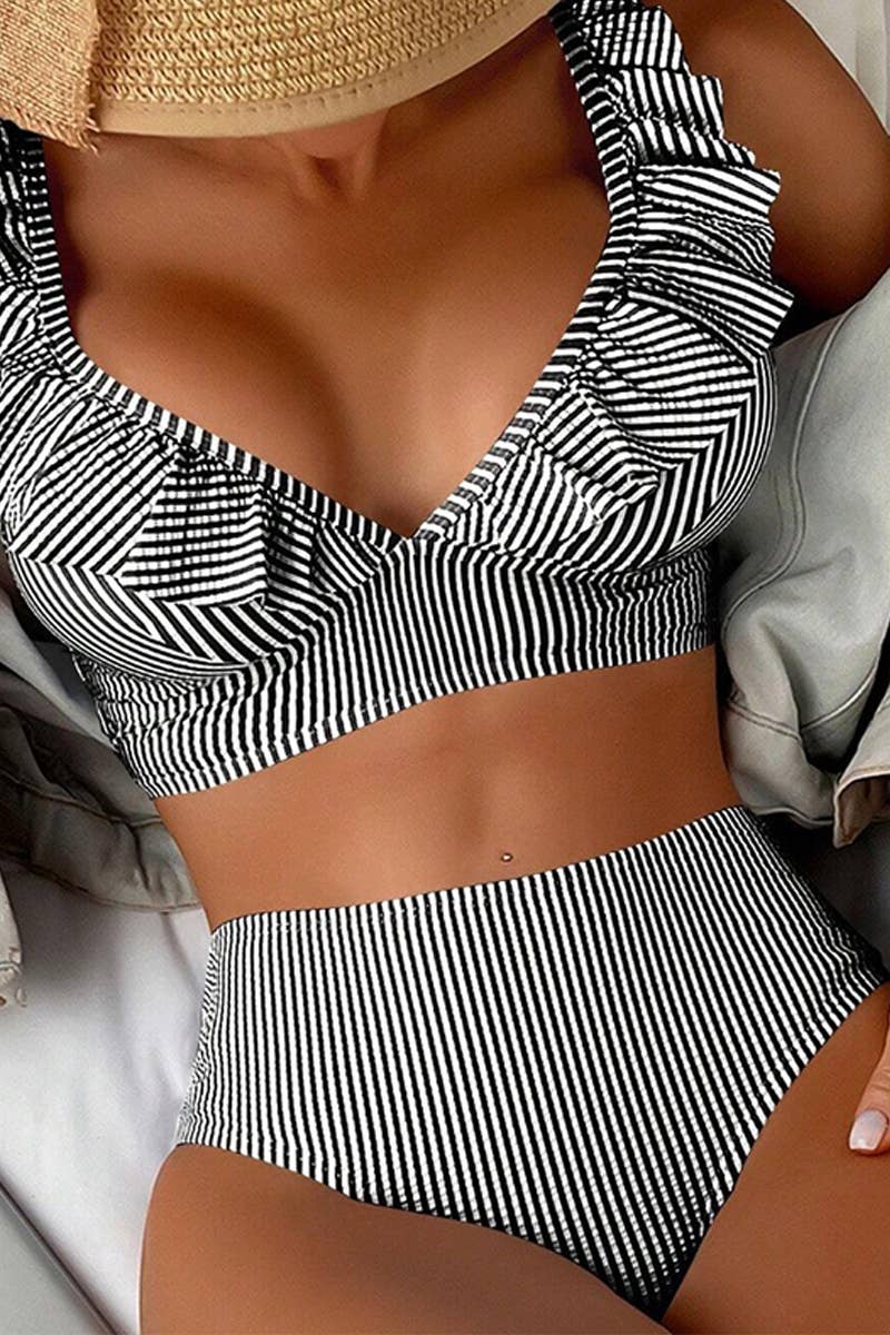 NINEXIS - Wholesale Two Piece Swimsuit - Women's - CWMW0794_STRIPED HIGH WAISTED V-NECK RUFFLED SWIMSUIT3