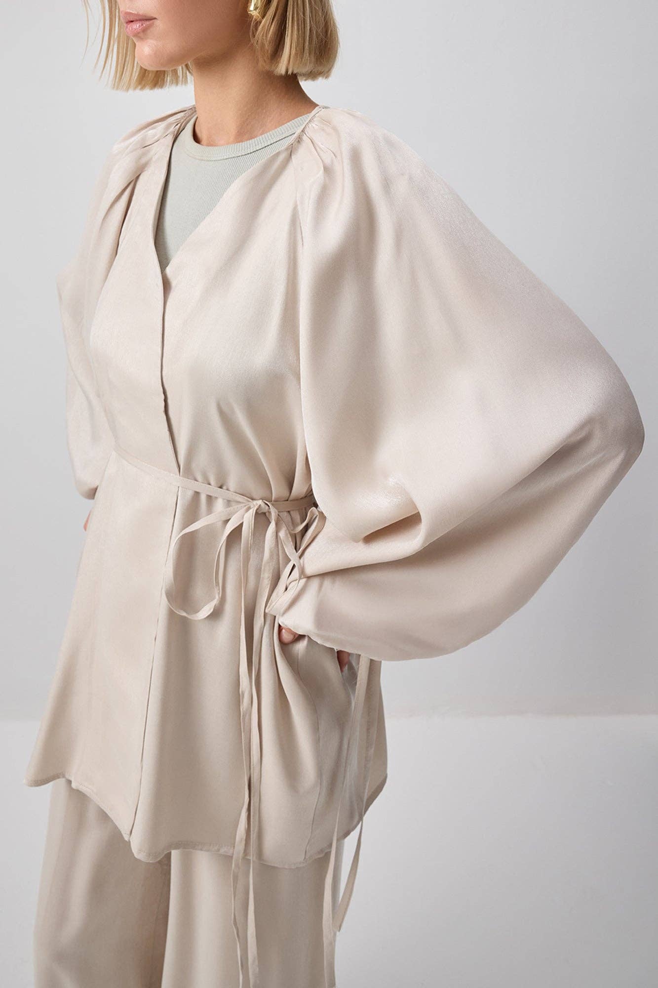 Stone Textured Satin Look Belted Tunic & Wide Leg Pants Set for wholesale on Faire1