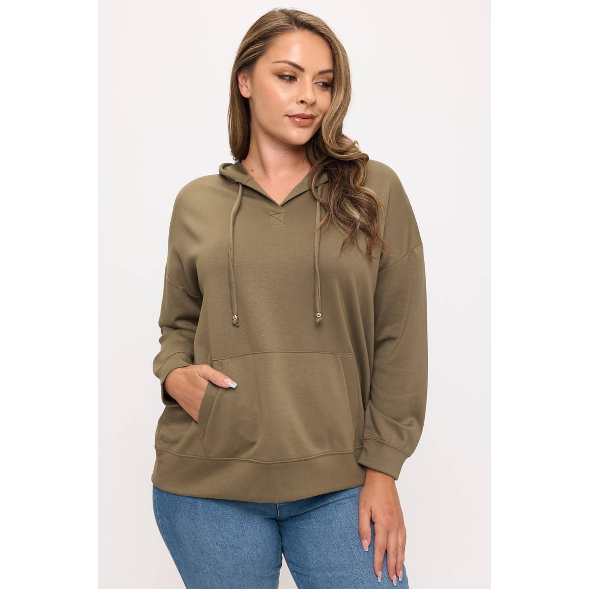 OLIVA FELPA CON CAPPUCCIO E TASCA A MARSUPIO MODAL PLUS in vendita all'ingrosso su Faire1