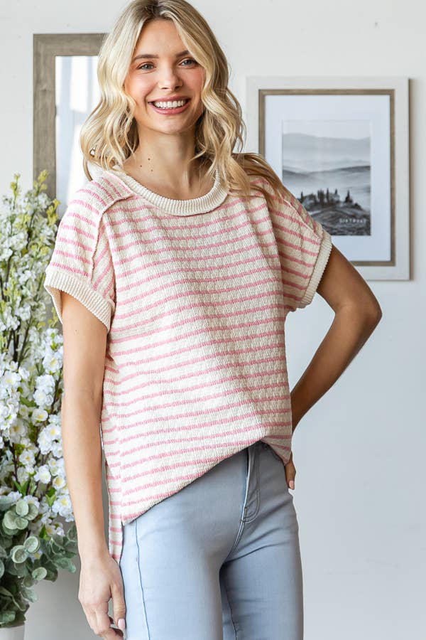 7th Ray - Venta al por mayor Jersey corto de punto - Mujer - Top de manga corta con abertura lateral y textura de rayas T58656