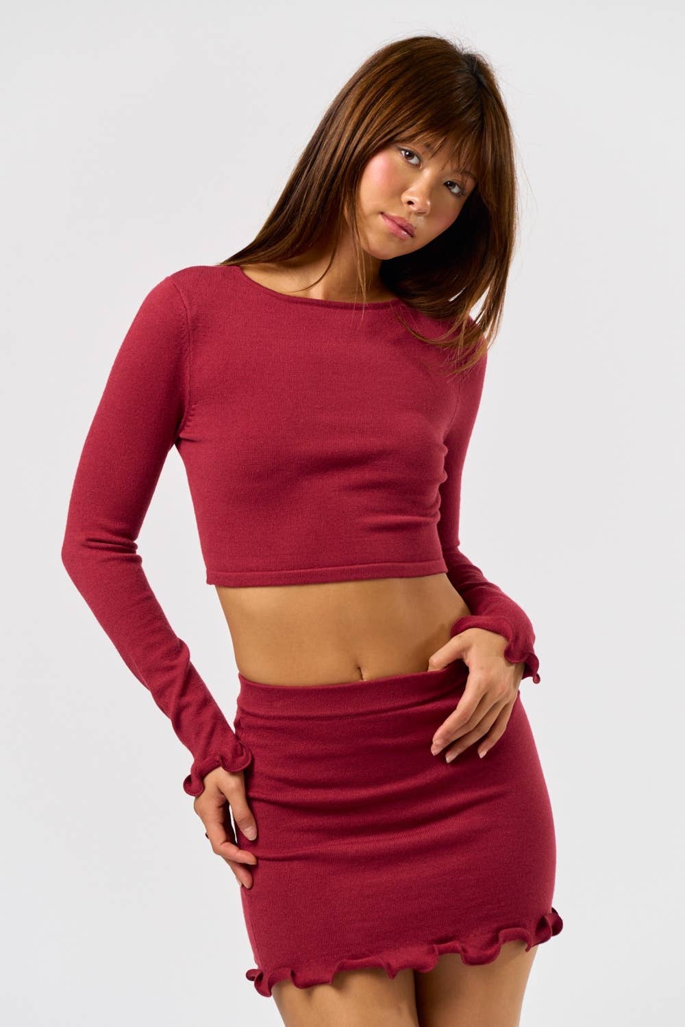 BURGUNDY IBS33802 Long Sleeve Top with Wavy Hem & Matching Skirt for wholesale on Faire4