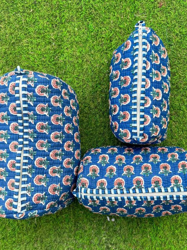 Blue Cotton Cosmetic Bag Block Printed Quilted Toiletry Bags for wholesale by GYPSY STUDIO