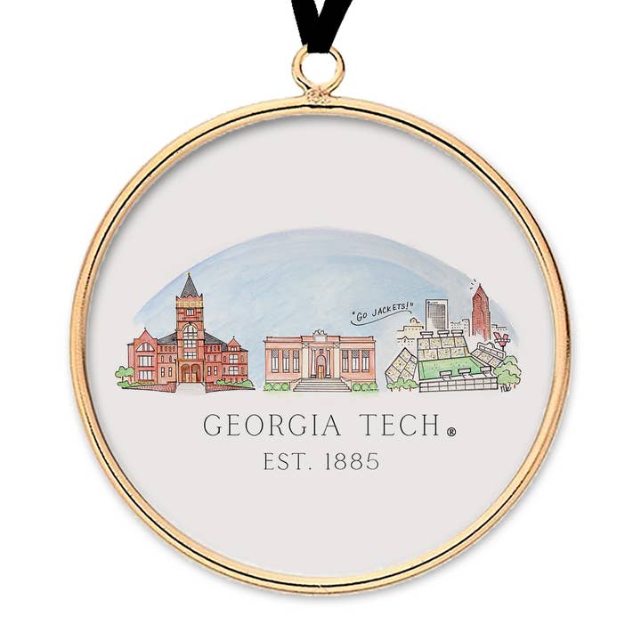 Georgia Tech Skyline Brass & Glass Ornament for wholesale by Valiant Gifts Inc