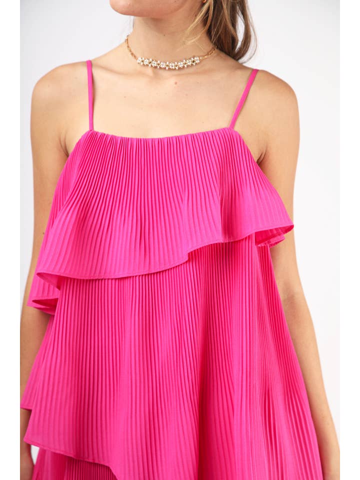 VERY J - Wholesale Dress - Women's - ND31222-Sleeveless Pleats Asymmetrical Tiered Mini Dress
