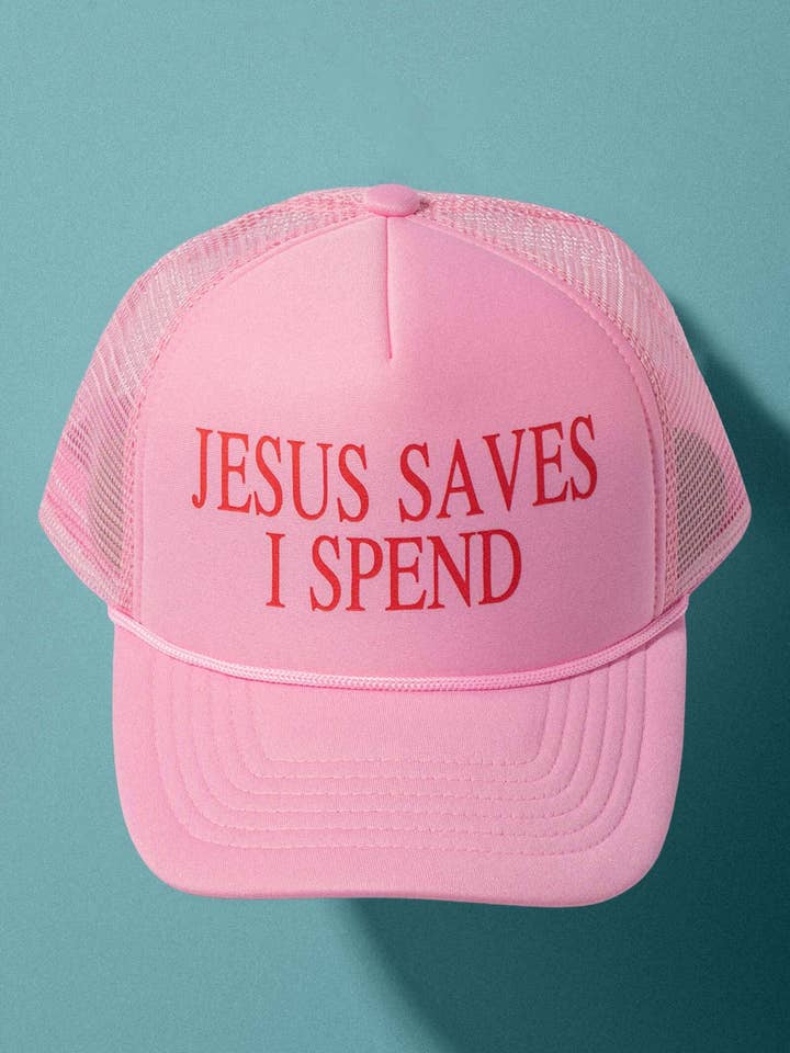 JESUS SAVES I SPEND Mesh Trucker Cap for wholesale by Fashion Week