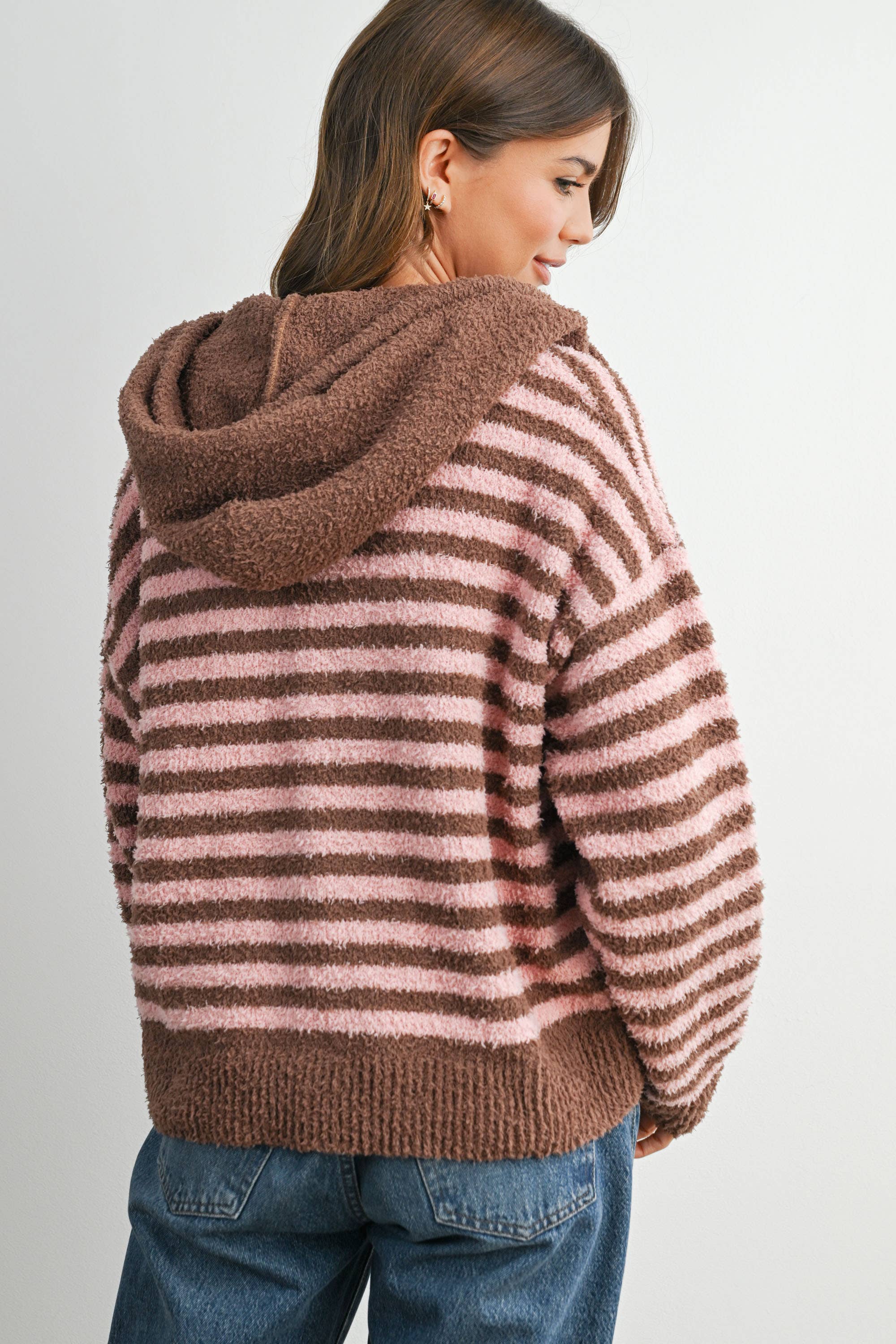 BUTTERMELON - Wholesale Knit Sweater - Women's - Striped Zip-Up Hooded Cardigan - BMC809713