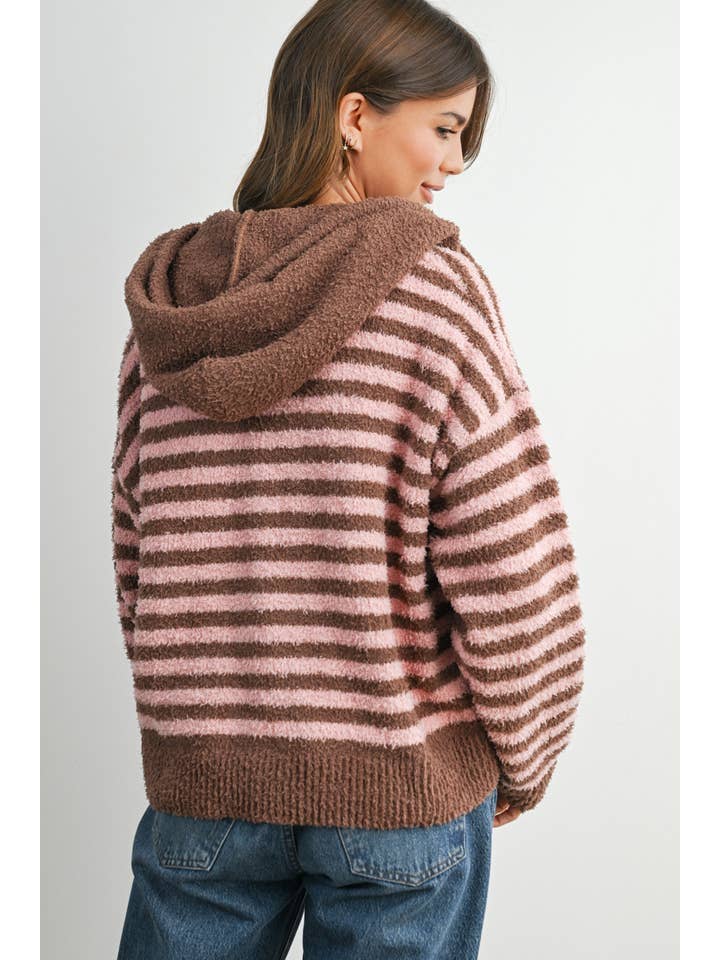 BUTTERMELON - Wholesale Knit Sweater - Women's - Striped Zip-Up Hooded Cardigan - BMC809713