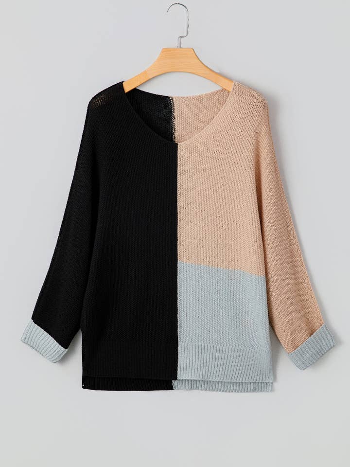 Schwarzer Farbblock Strickpullover mit V-Ausschnitt und lockerem Schnitt für den Großhandel von Sweet Lover Fashion