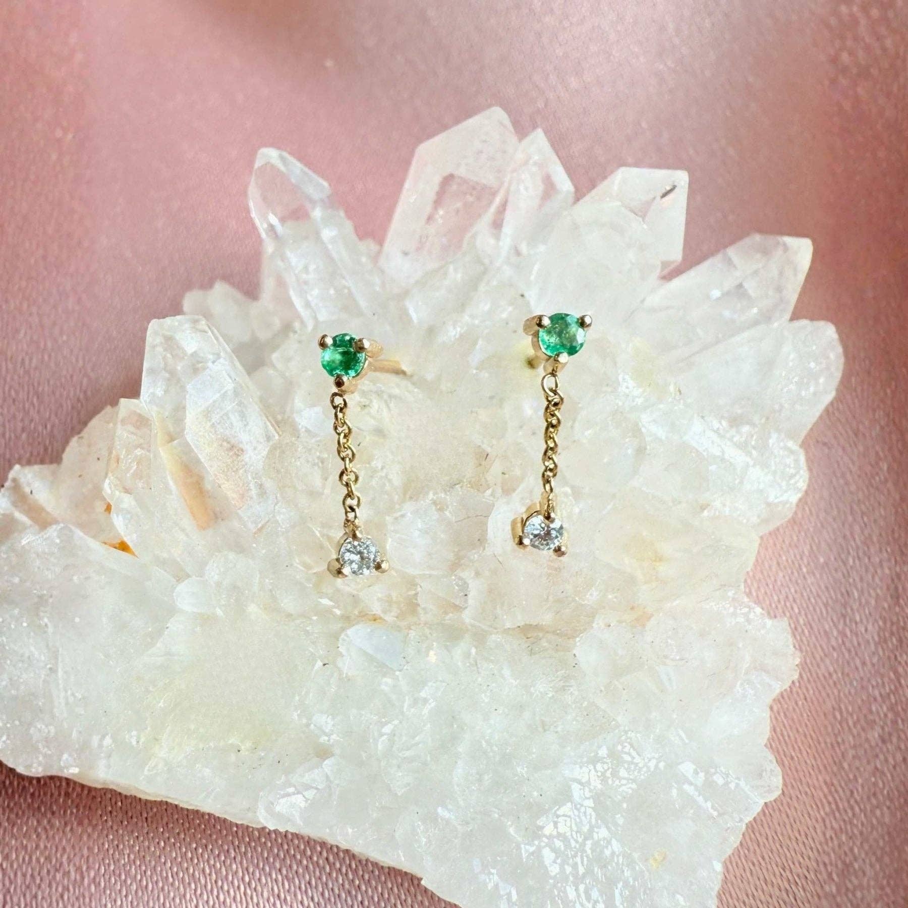 Micro Stud Earrings – Emerald and Diamond Glow in 14K Gold for wholesale on Faire