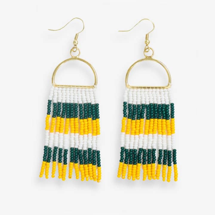 Allison Game Day Horizontal Stripes Beaded Fringe Earrings Green and Yellow Wholesale for wholesale by INK + ALLOY