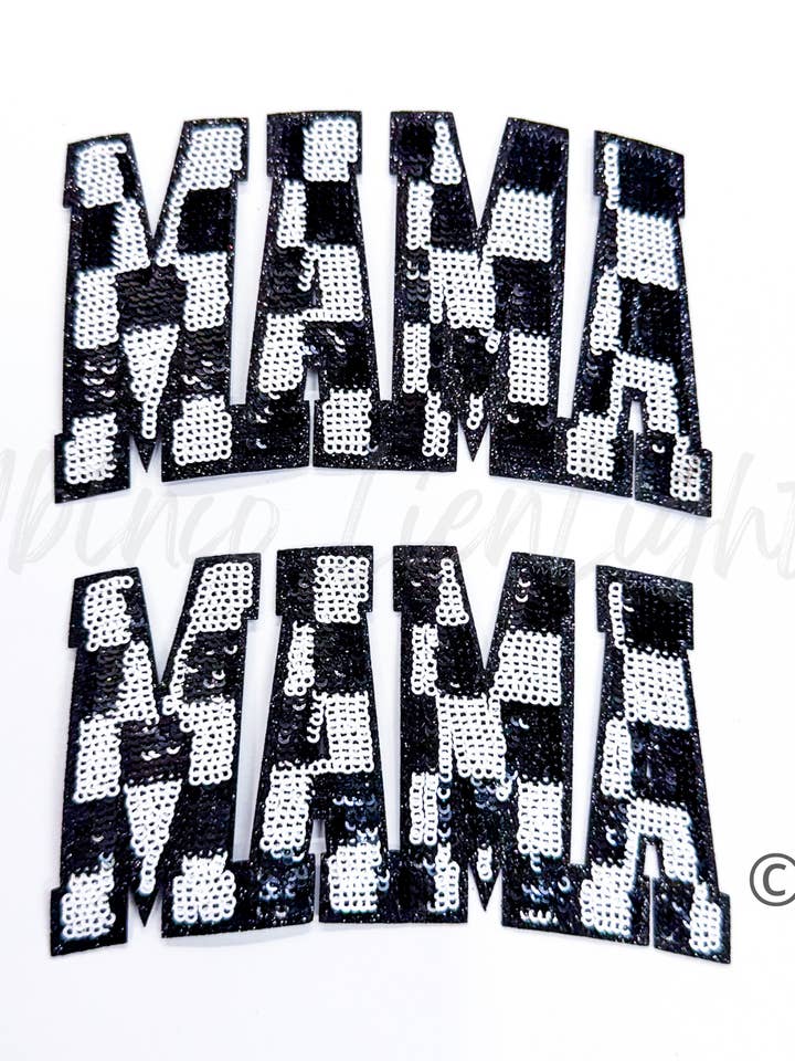 Mama Black Checkered Sequins Iron On Patch for wholesale by ABLNco