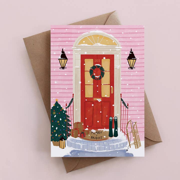 Biglietto di auguri natalizio con porta rossa, tema stagionale e festivo per la vendita all'ingrosso da parte di Maja Tomljanovic