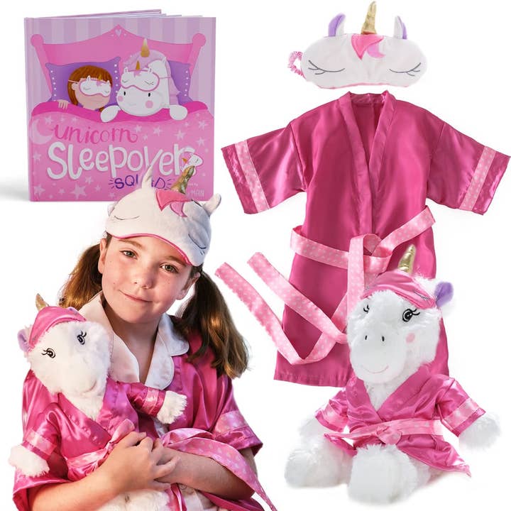 Unicorn Sleepover Gift Set w/ Plush, Book, Mask & Robe for wholesale by Bearington Collection