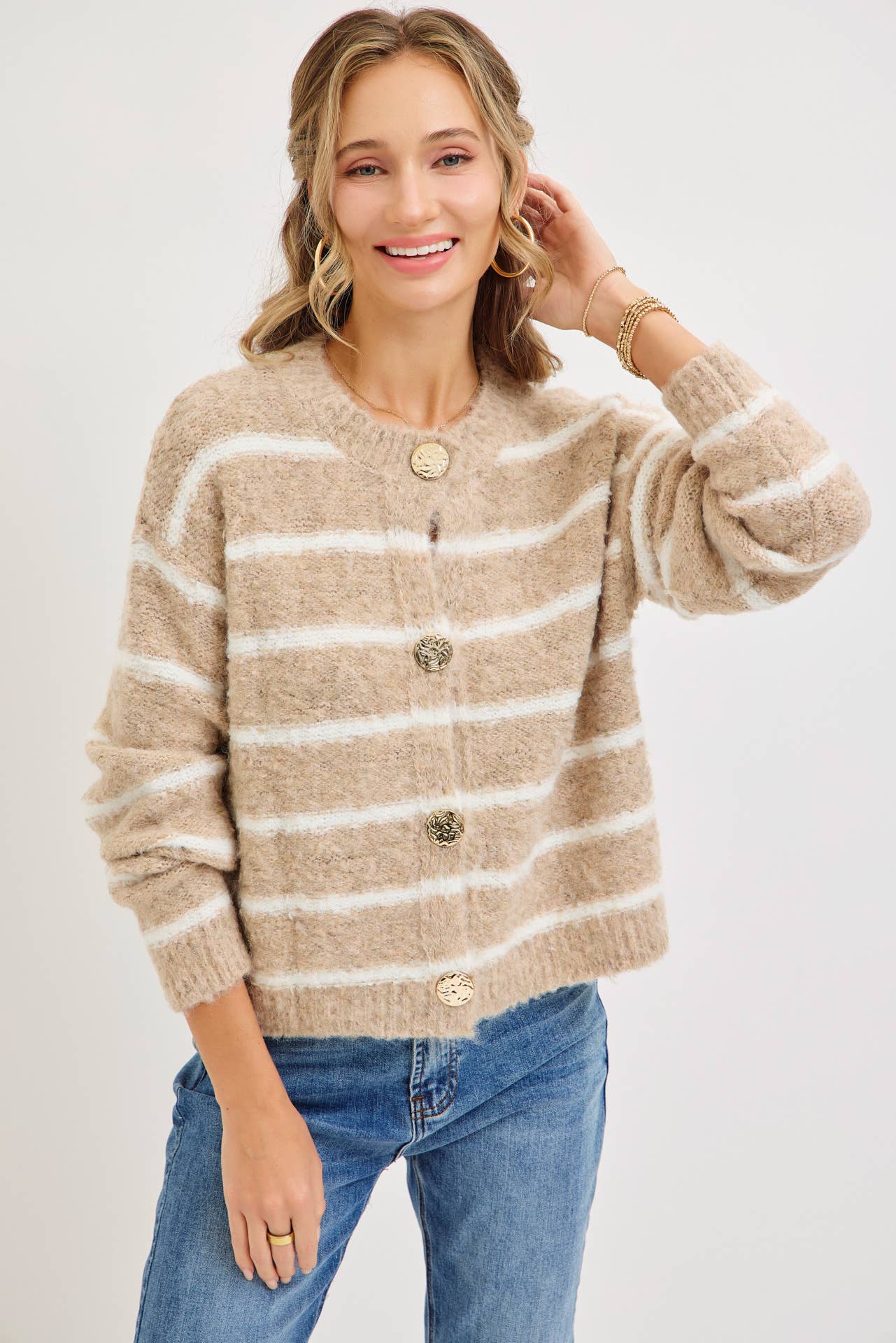 TAUPE COZY STRIPED BUTTON UP KNIT CARDIGAN for wholesale on Faire14