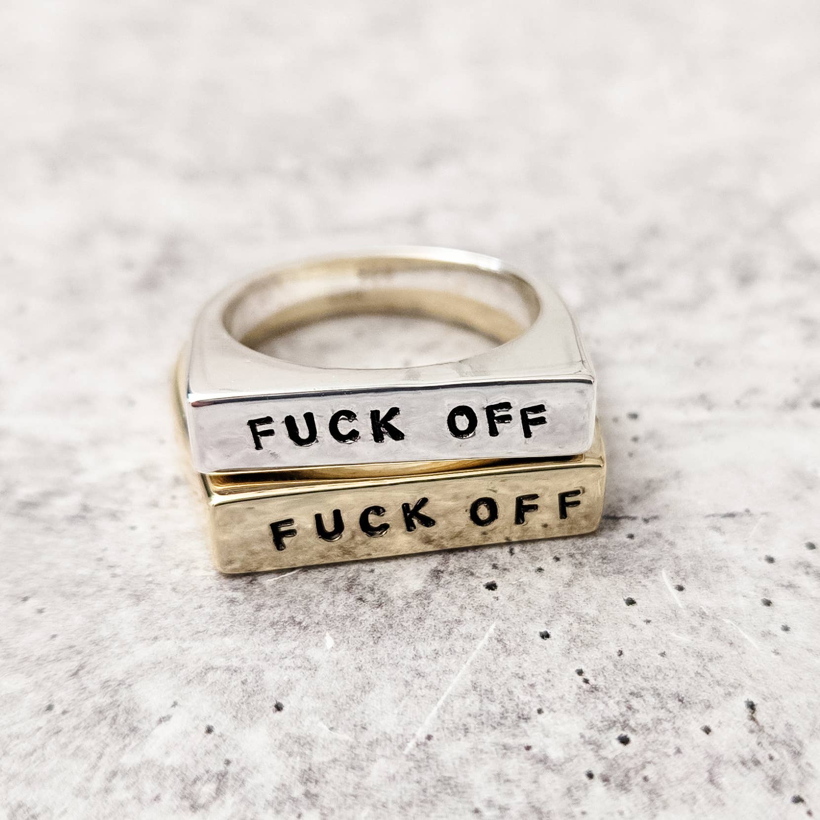 Salt and Sparkle – wholesale Band/stacked ring – FUCK OFF Gold or Silver 90's Style Flat Top Ring7